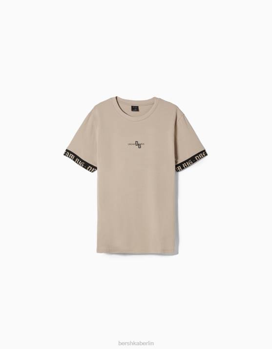 Beige Bershka Männer Muscle-Fit-Kurzarm-T-Shirt mit Streifendetail H00J2690