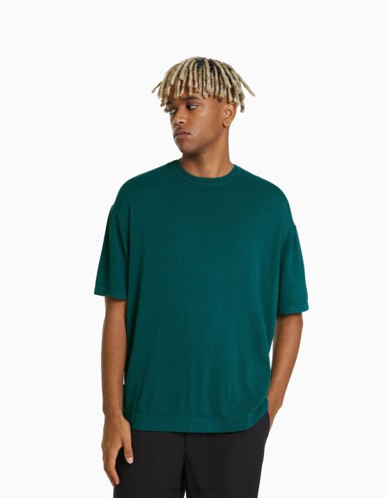 Blau Bershka Männer Kurzarm-T-Shirt mit U-Ausschnitt H00J2819