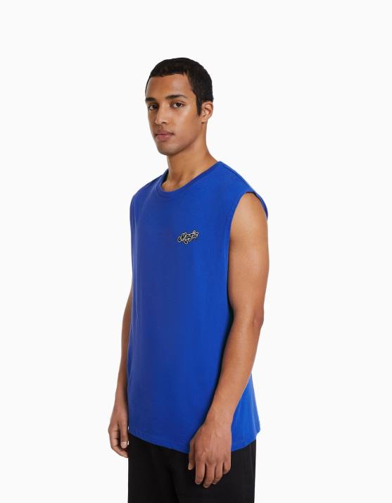 Blau Bershka Männer Ärmelloses T-Shirt im Builder-Stil H00J2782