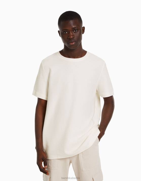 Creme Bershka Männer Strukturiertes Kurzarm-T-Shirt H00J2773
