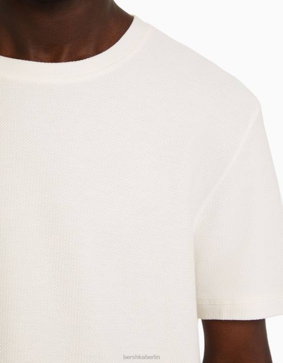 Creme Bershka Männer Strukturiertes Kurzarm-T-Shirt H00J2773