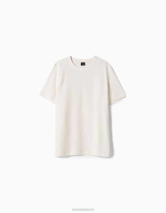 Creme Bershka Männer Strukturiertes Kurzarm-T-Shirt H00J2773