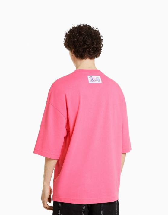 Fuchsie Bershka Männer Bedrucktes T-Shirt mit 3/4-Ärmeln H00J2752