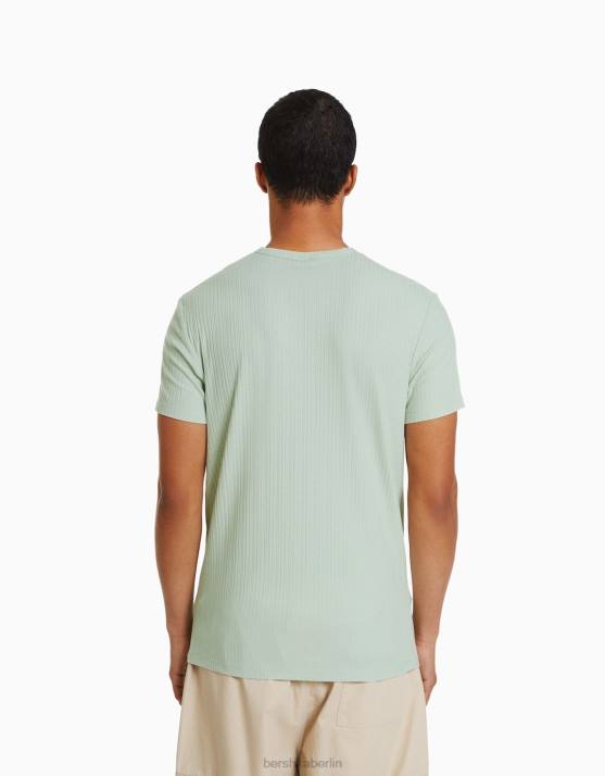 Grün Bershka Männer Geripptes Kurzarm-T-Shirt mit Muskel-Passform H00J2734