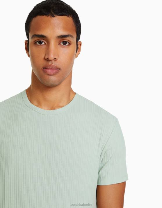 Grün Bershka Männer Geripptes Kurzarm-T-Shirt mit Muskel-Passform H00J2734