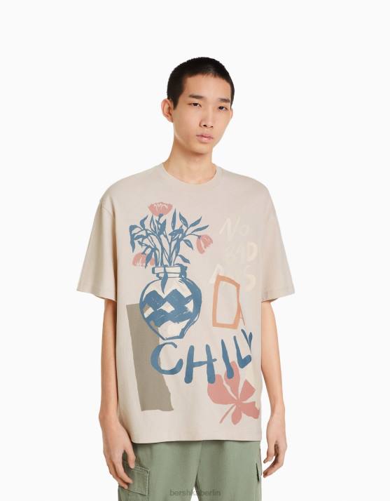 Kamel Bershka Männer Bedrucktes, legeres Kurzarm-T-Shirt H00J2836
