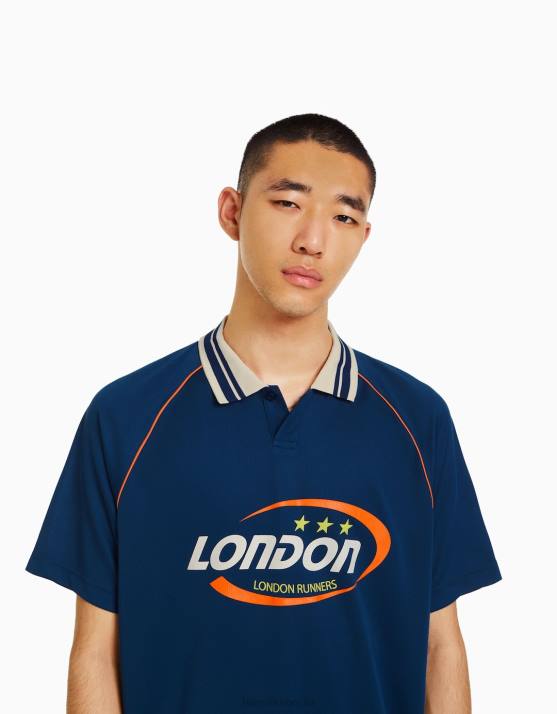 Marine Bershka Männer Sportliches Retro-Kurzarm-Fußball-Poloshirt H00J2787