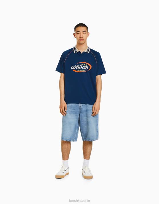 Marine Bershka Männer Sportliches Retro-Kurzarm-Fußball-Poloshirt H00J2787