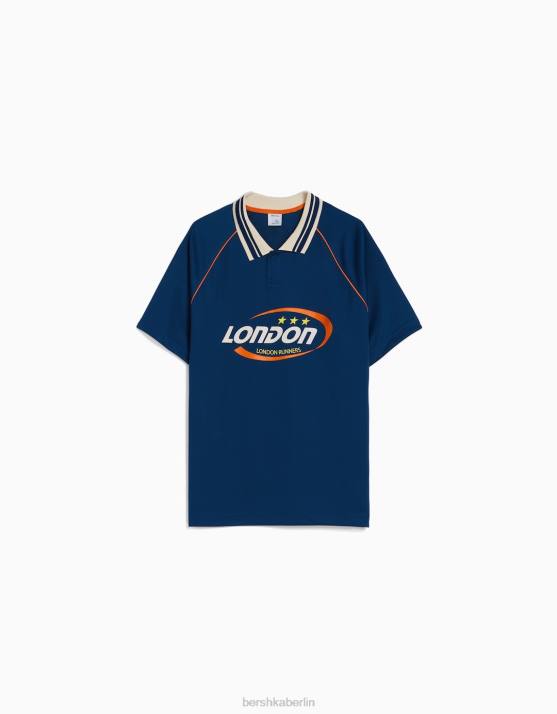 Marine Bershka Männer Sportliches Retro-Kurzarm-Fußball-Poloshirt H00J2787