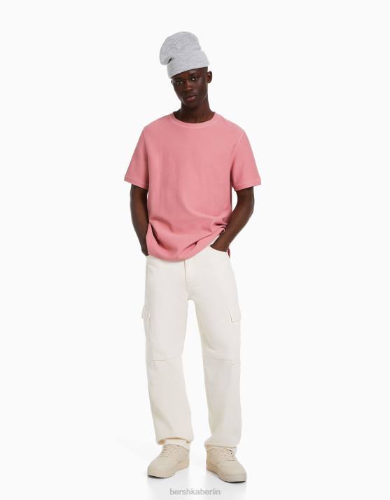 Rosa Bershka Männer Strukturiertes Kurzarm-T-Shirt H00J2774