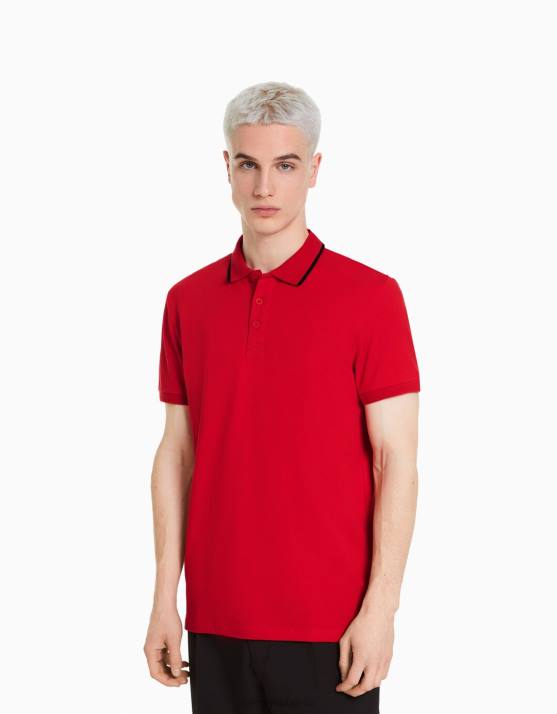 Rot Bershka Männer Gestreiftes Kurzarm-Polo H00J2681