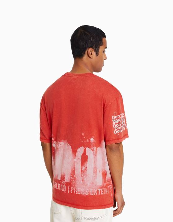 Rot Bershka Männer Kurzärmliges T-Shirt mit verblasstem Aufdruck H00J2840