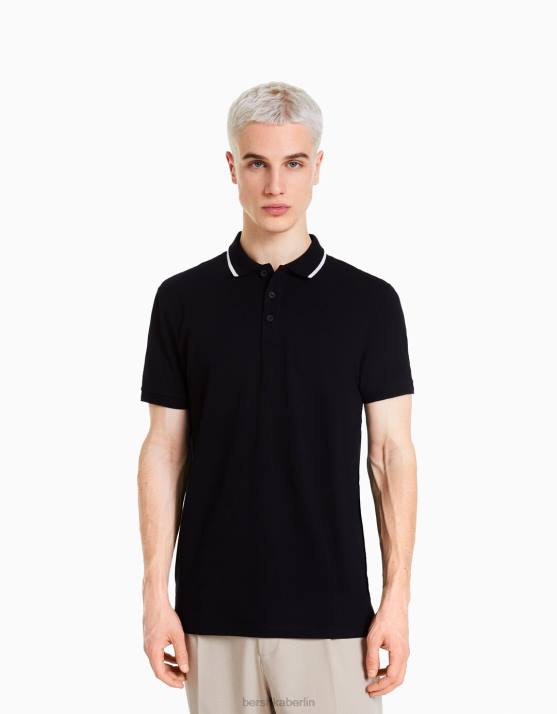 Schwarz Bershka Männer Gestreiftes Kurzarm-Polo H00J2678