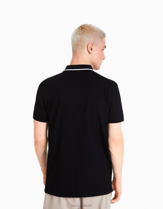 Schwarz Bershka Männer Gestreiftes Kurzarm-Polo H00J2678
