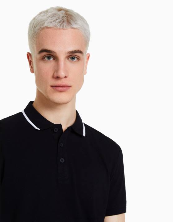 Schwarz Bershka Männer Gestreiftes Kurzarm-Polo H00J2678