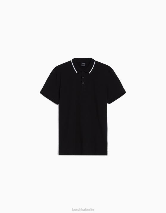 Schwarz Bershka Männer Gestreiftes Kurzarm-Polo H00J2678