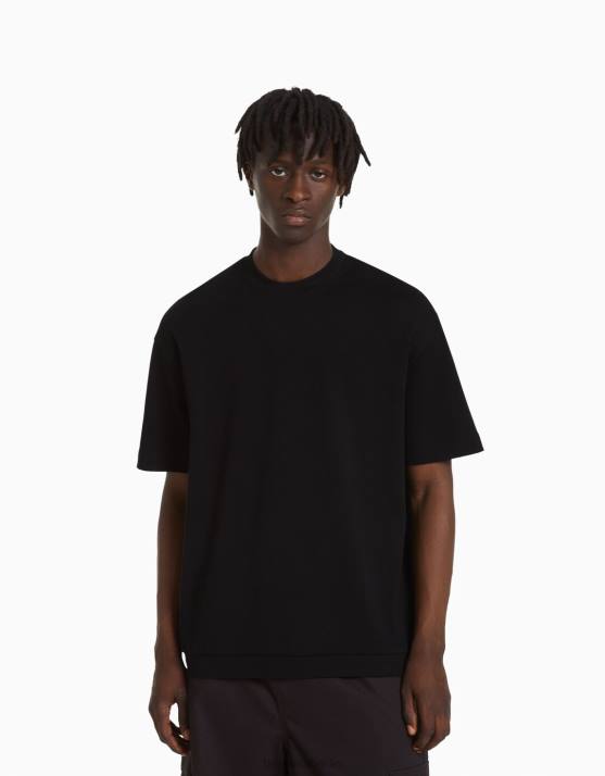 Schwarz Bershka Männer Kurzärmliges Interlock-T-Shirt H00J2751