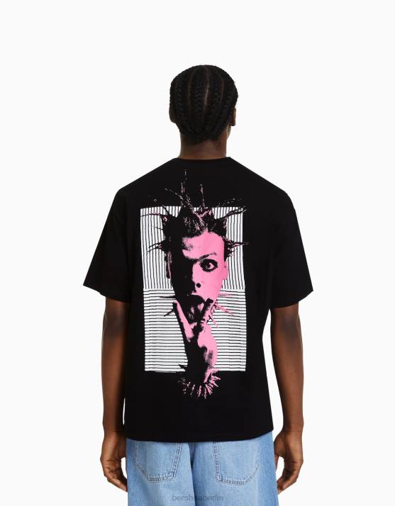 Schwarz Bershka Männer Kurzärmliges, kastenförmiges T-Shirt mit Yungblud-Print H00J2791