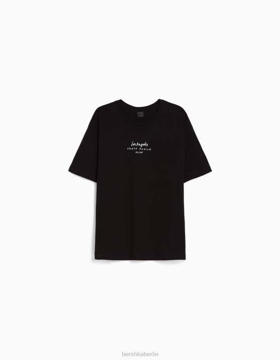 Schwarz Bershka Männer Kurzarm-T-Shirt mit Aufdruck H00J2606