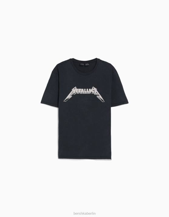 Schwarz Bershka Männer Leicht sitzendes, verblasstes T-Shirt mit Metallica-Print H00J2790