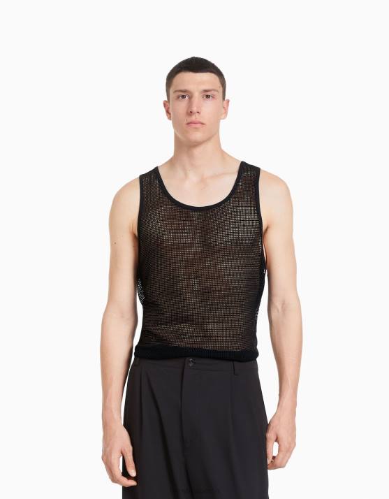 Schwarz Bershka Männer Rustikales Mesh-T-Shirt mit Trägern H00J2622