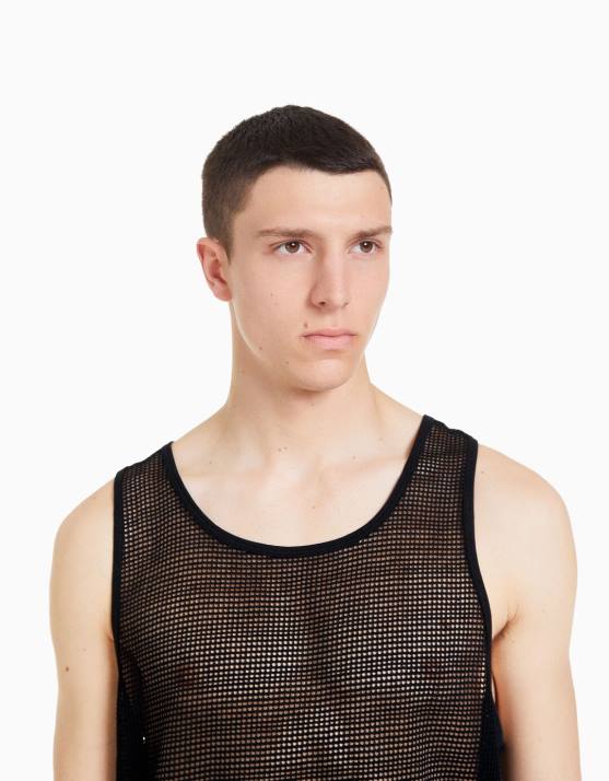 Schwarz Bershka Männer Rustikales Mesh-T-Shirt mit Trägern H00J2622