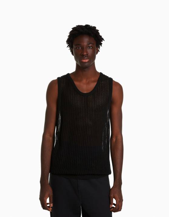 Schwarz Bershka Männer ärmelloses Mesh-Top H00J2829