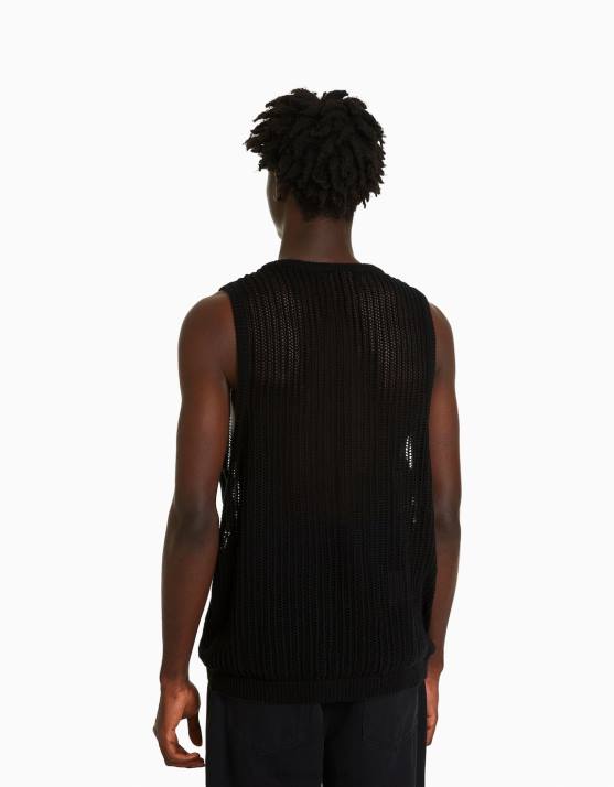 Schwarz Bershka Männer ärmelloses Mesh-Top H00J2829