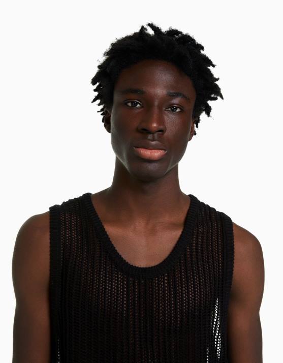 Schwarz Bershka Männer ärmelloses Mesh-Top H00J2829