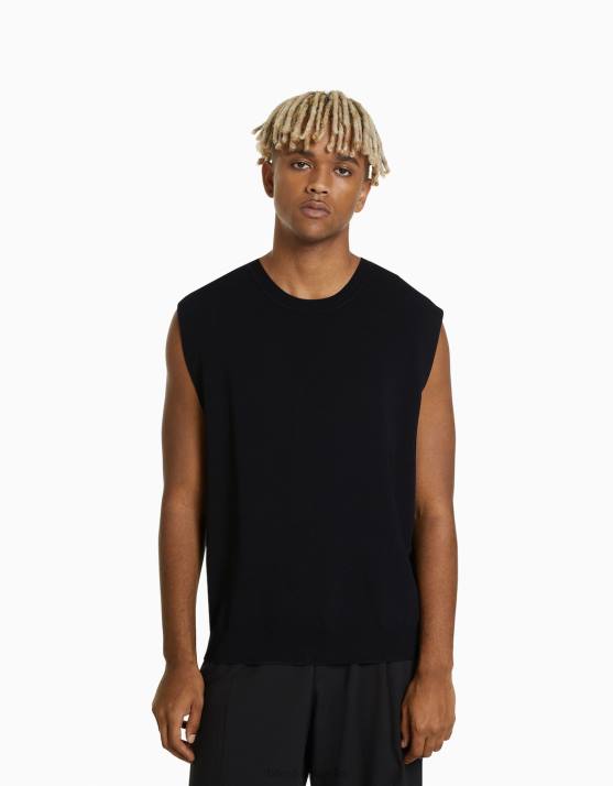 Schwarz Bershka Männer ärmelloses Strick-T-Shirt H00J2826
