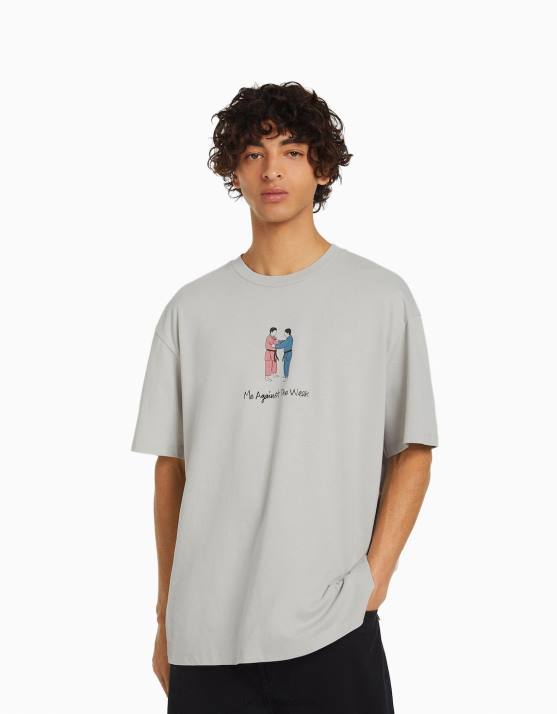 Stein Bershka Männer Kurzarm-T-Shirt mit Aufdruck H00J2676