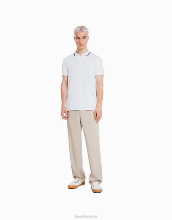 Weiss Bershka Männer Gestreiftes Kurzarm-Polo H00J2680
