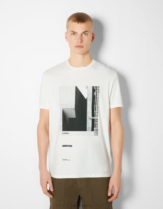 Weiss Bershka Männer Kurzärmliges T-Shirt mit Fotodruck H00J2769