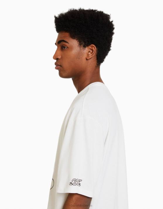 Weiss Bershka Männer Kurzärmliges, kastenförmiges T-Shirt mit Foliendruck H00J2753