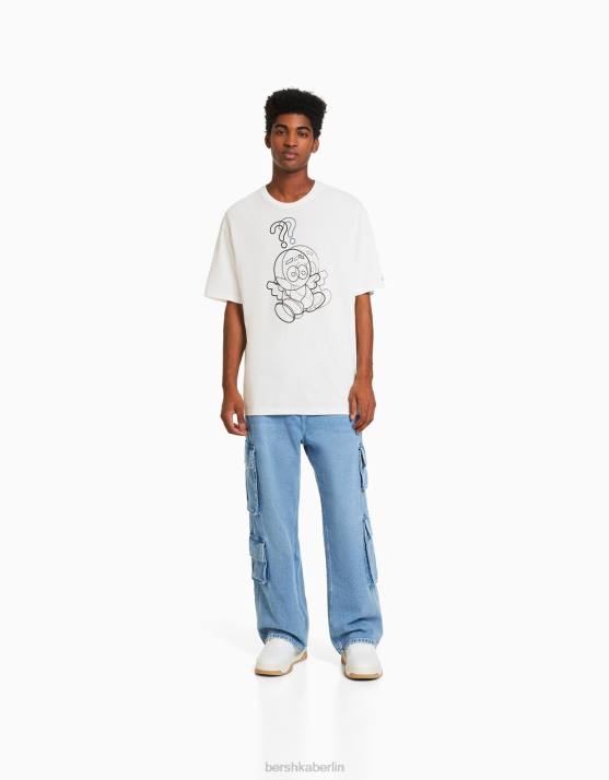Weiss Bershka Männer Kurzärmliges, kastenförmiges T-Shirt mit Foliendruck H00J2753
