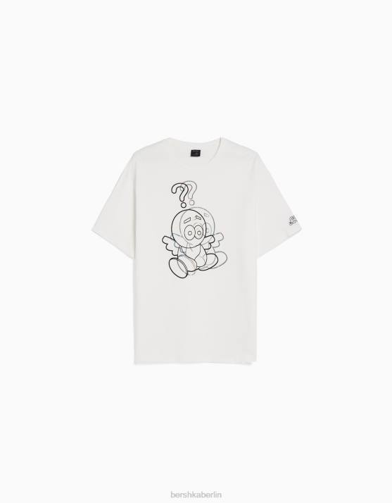 Weiss Bershka Männer Kurzärmliges, kastenförmiges T-Shirt mit Foliendruck H00J2753