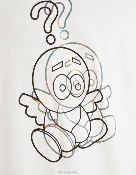 Weiss Bershka Männer Kurzärmliges, kastenförmiges T-Shirt mit Foliendruck H00J2753