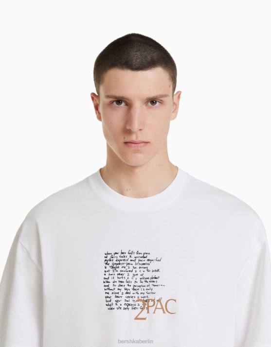 Weiss Bershka Männer Kurzärmliges, kastenförmiges T-Shirt mit Tupac-Print H00J2725