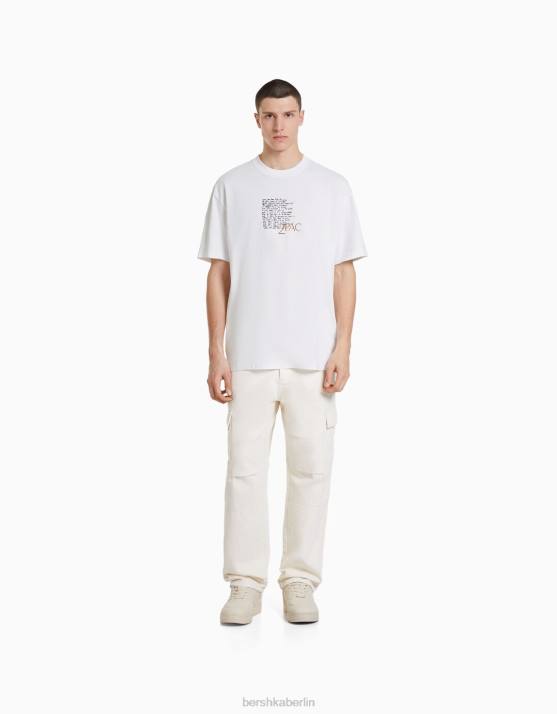 Weiss Bershka Männer Kurzärmliges, kastenförmiges T-Shirt mit Tupac-Print H00J2725