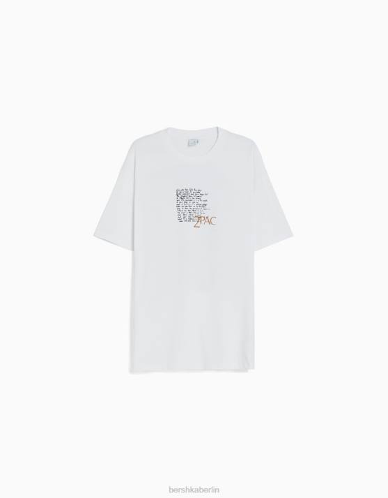 Weiss Bershka Männer Kurzärmliges, kastenförmiges T-Shirt mit Tupac-Print H00J2725