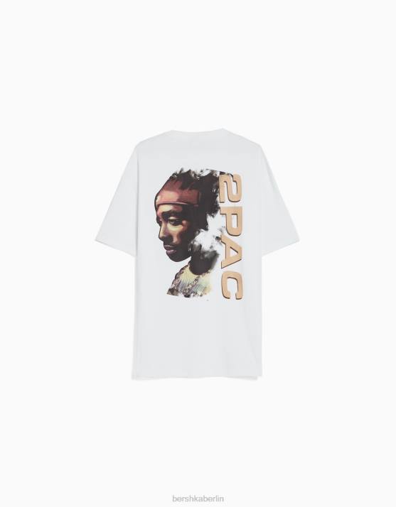 Weiss Bershka Männer Kurzärmliges, kastenförmiges T-Shirt mit Tupac-Print H00J2725