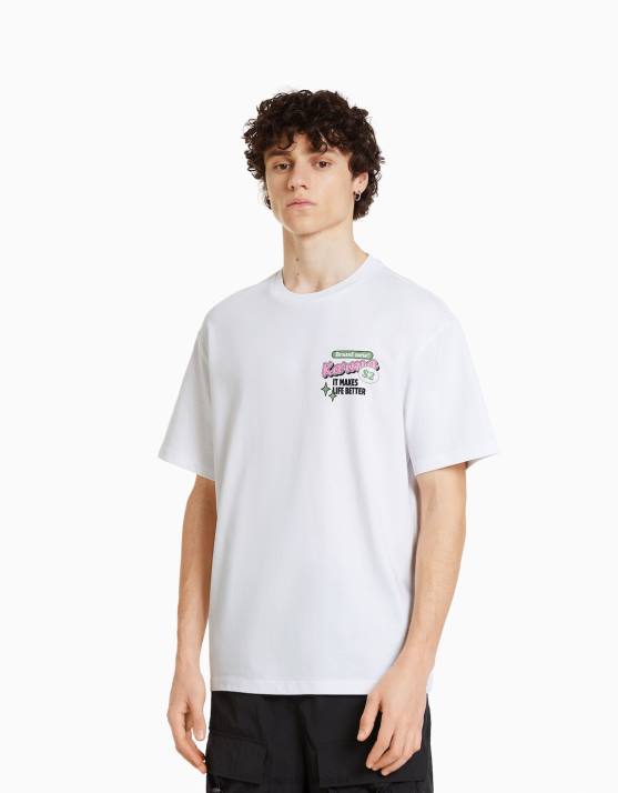 Weiss Bershka Männer Kurzarm-T-Shirt mit Aufdruck H00J2757