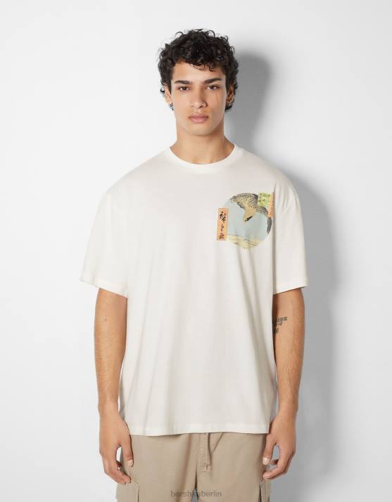 Weiss Bershka Männer Kurzarm-T-Shirt mit Kunstserie-Print H00J2639