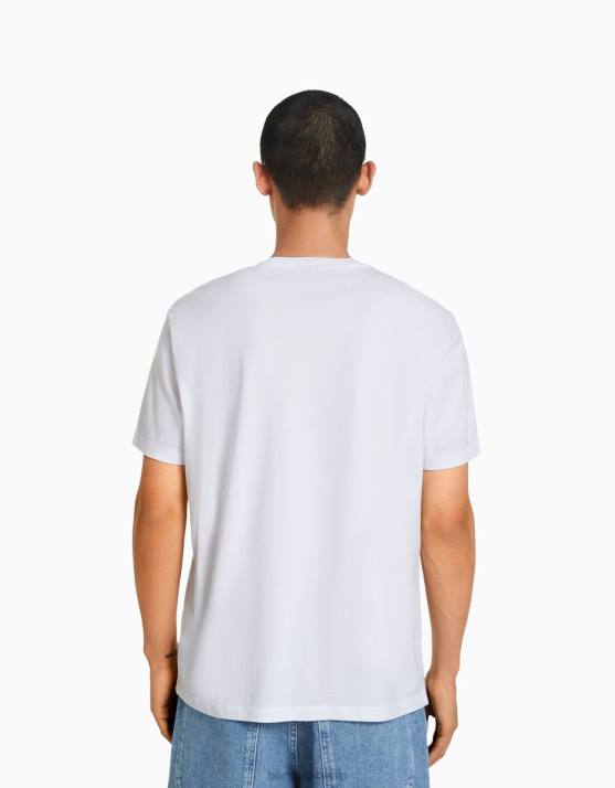 Weiss Bershka Männer Kurzarm-T-Shirt mit normaler Passform H00J2792