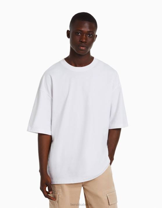 Weiss Bershka Männer übergroßes Kurzarm-T-Shirt H00J2660