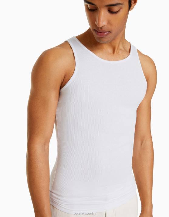 Weiss Bershka Männer geripptes ärmelloses T-Shirt H00J2666