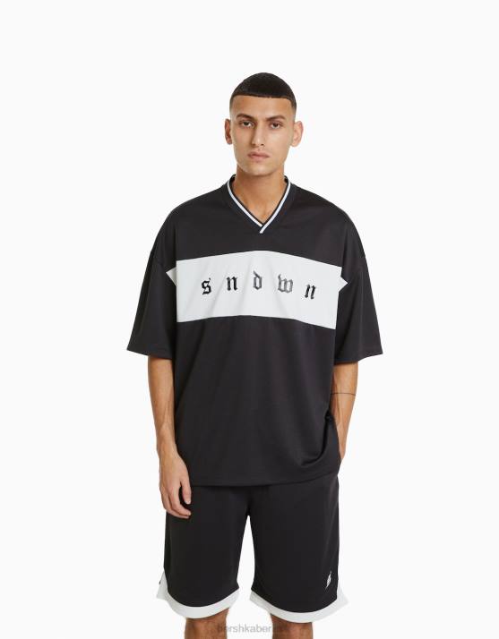 grau Bershka Männer Extra locker geschnittenes Kurzarm-T-Shirt mit Mesh-Print H00J2629