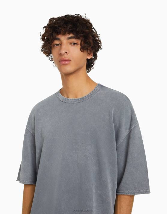 grau Bershka Männer Kurzärmliges, verblasstes T-Shirt H00J2650