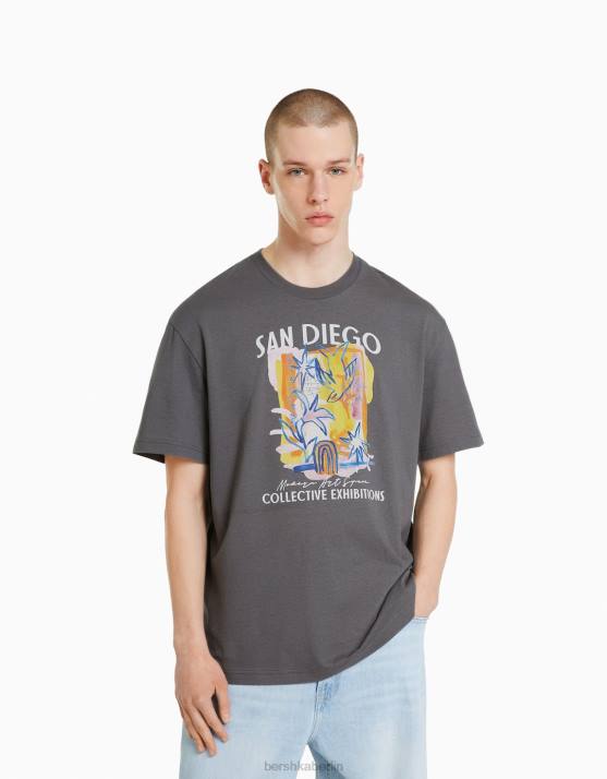 grau Bershka Männer Kurzarm-T-Shirt mit Aufdruck H00J2768