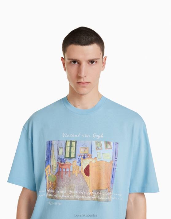 hellblau Bershka Männer Kurzärmliges, kastenförmiges T-Shirt mit Van-Gogh-Aufdruck H00J2627
